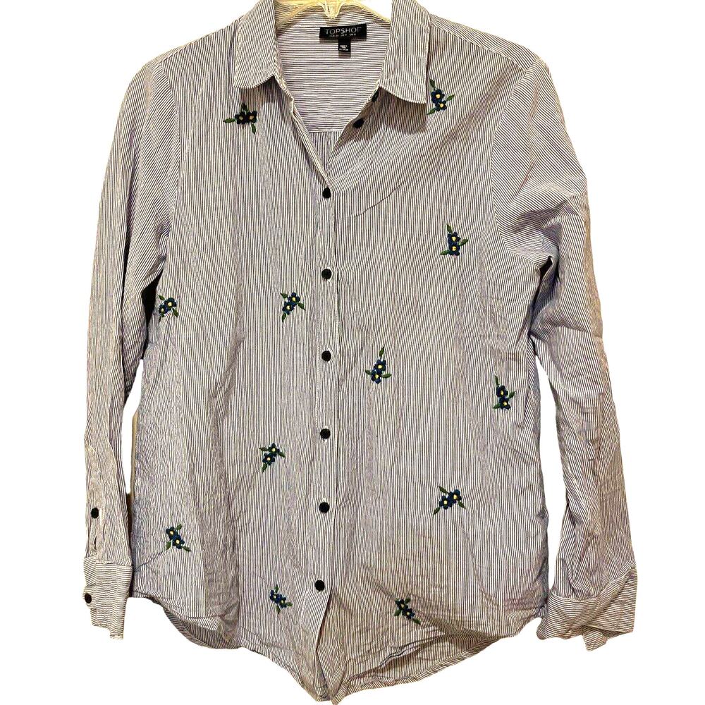 TopShop shirt Blue & White Striped Top Shop Embroidered button up floral Sz 4/S